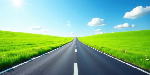 Asphalt road cutting through vibrant green fields under a bright sunny sky, promising a journey of exploration and adventure