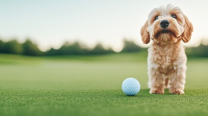 Cute Dog Standing on Golf Course with Golf Ball at Sunrise