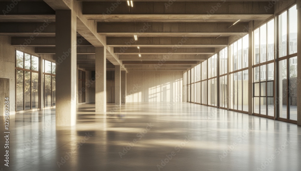 Poster sunlight streams through windows in large empty modern warehouse space