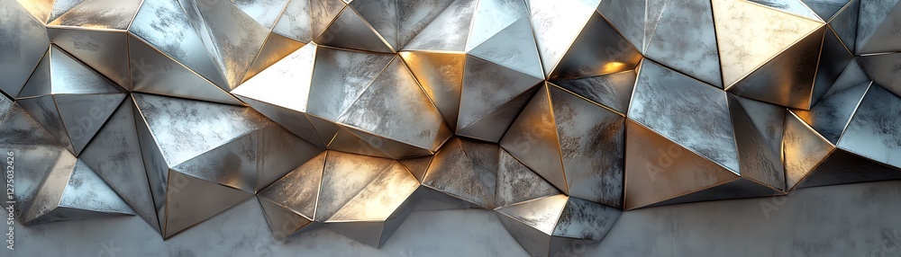 Poster a striking metallic wall design featuring a series of geometric shapes and reflections, showcasing m