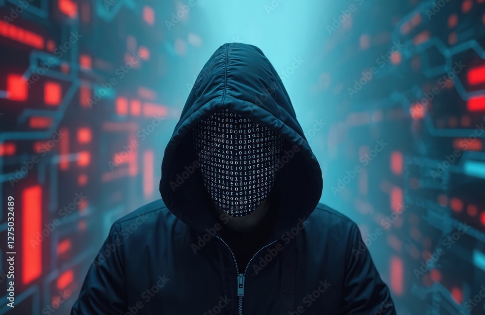 Aufkleber Hacker in hood with binary code face. Anonymous hooded programmer surrounded by digital network. Cyber security concept, data thief, virus infected software, internet fraud. Dark web criminal.