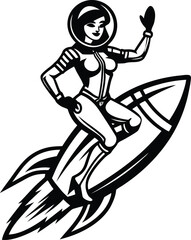 Stylish female astronaut riding a sleek rocket vector illustration, female astronaut riding a rocket silhouette vector art, female astronaut riding a rocket line art vector