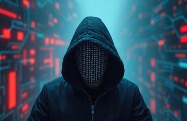 Hacker in hood with binary code face. Anonymous hooded programmer surrounded by digital network. Cyber security concept, data thief, virus infected software, internet fraud. Dark web criminal.