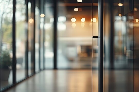 Abstract blurred workspace with glass partitions and cityscape views through large windows, suitable for tech startup pitch decks, app interfaces, and architectural visualization.