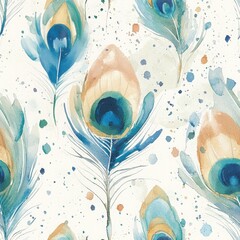 Seamless watercolor pattern with peacock feathers and tropical leaves – elegant hand-painted Boho Design for textiles, wallpaper, and prints