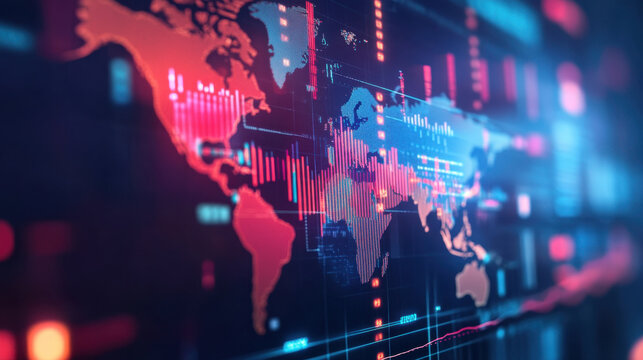 Digital world map with data visualization and analytics elements, showcasing global trends and statistics. vibrant colors create modern and tech savvy atmosphere