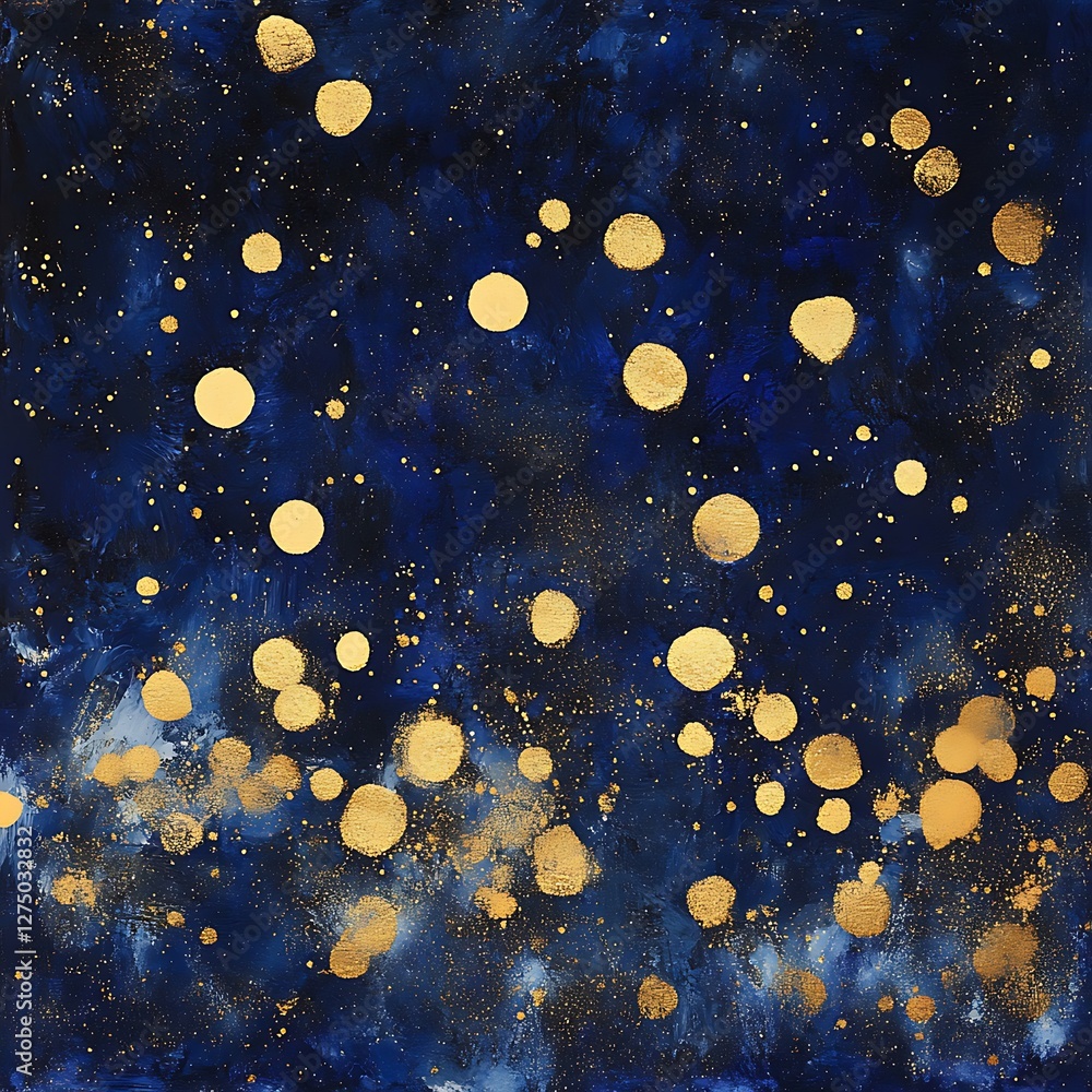 Poster a stunning abstract artwork featuring a deep blue background with shimmering golden dots scattered t