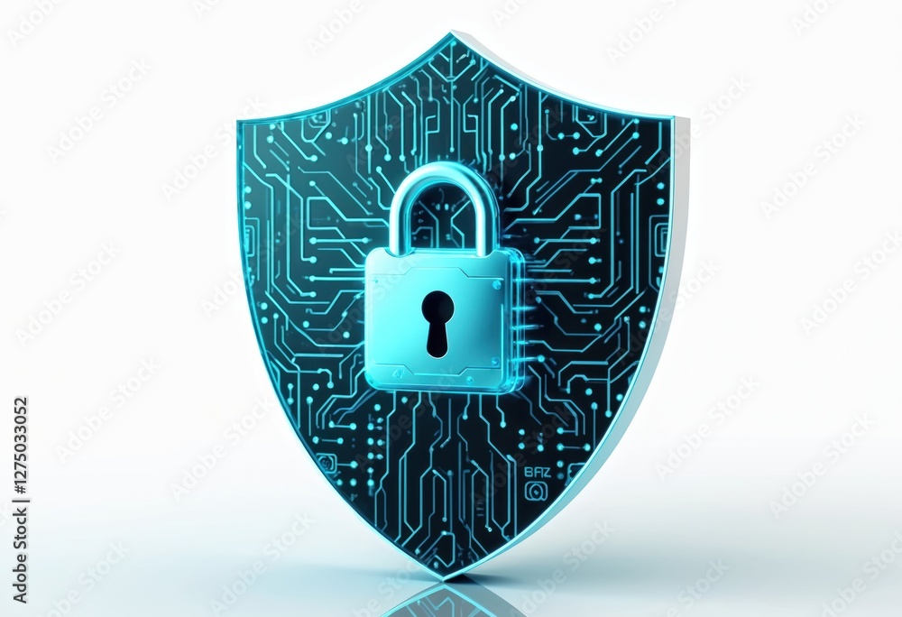 Fototapete Illustration shows digital shield with glowing circuits, lock. Concept of secure network, advanced cybersecurity protection ensuring business safety. Generative AI visualizes digital protection in