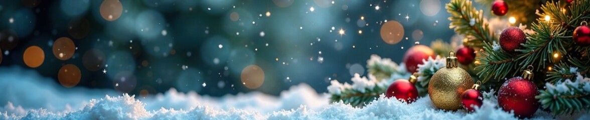 Winter wonderland scene with snowflakes gently falling on a festive Christmas background, adorned with gold ornaments and red accents, snowflakes, winter wonderland christmas background, seasonal