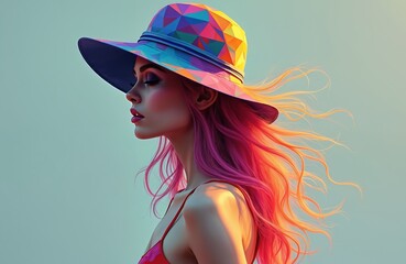 AI generated portrait of young woman wearing colorful geometric hat. Fantasy model with long pink-orange hair. Party glamour, elegance, sensuality, festive celebration, artistic beauty in studio.