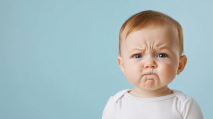 baby showing displeased expression, reacting to something bitter. background is soft blue, enhancing baby emotions
