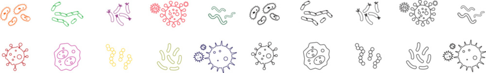 Virus and bacteria icon set. Vector collection isolated poster for healthcare education. Pathogenic bacteria viruses and microbes. Disease-causing Colorful bacterium type microorganism infection.