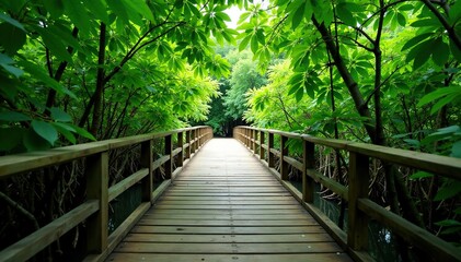 Obraz premium Wooden bridge traversing dense mangrove forest canopy, mangrove forest, green foliage