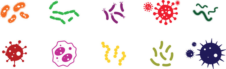 Virus and bacteria icon set. Vector collection isolated poster for healthcare education. Pathogenic bacteria viruses and microbes. Disease-causing Colorful bacterium type microorganism infection.