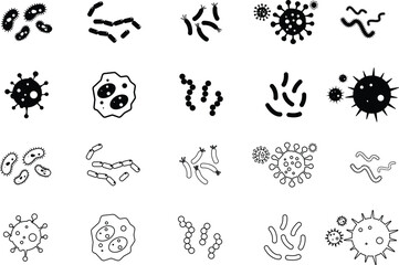 Virus and bacteria icon set. Vector collection isolated poster for healthcare education. Pathogenic bacteria viruses and microbes. Disease-causing Colorful bacterium type microorganism infection.