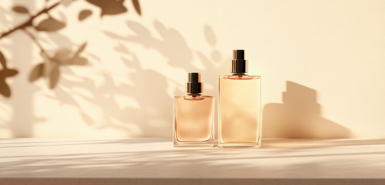minimalistic scene featuring two elegant perfume bottles casting soft shadows on light background, creating serene and sophisticated atmosphere