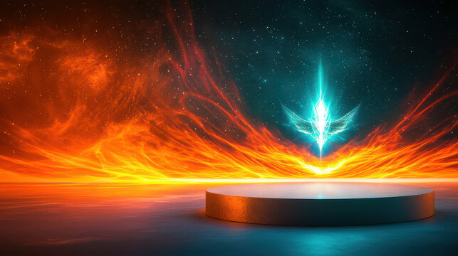 A vibrant, cosmic scene featuring a glowing emblem above a circular platform, surrounded by fiery colors and an ethereal atmosphere. - Powered by Adobe