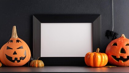Black Horizontal Halloween Frame Mockup Eerie Blackout Staging a Spooky 3D Scene on an Empty Wall, Perfect for Creepy Artwork or Seasonal Decor
