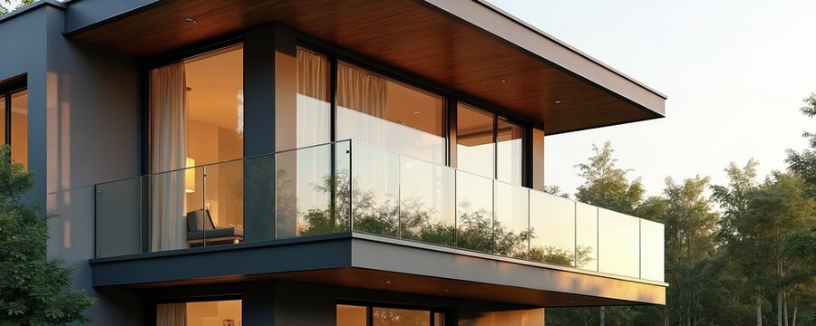 Modern residential house features glass balcony with stainless steel balustrade. Contemporary architecture design with terrace, nobody, railing against blue skies with pattern. Apartment condo home.