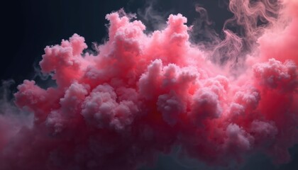 AI illustration of pink, magenta fluffy ink smoke cloud on black background. Dense pigment fume effect vapor explosion magic widener mist stream haze motion. Chaos, vibrant colours flow majestically.