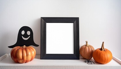 Eerie Whimsy A Haunting Display of Ghostly Decor and Pumpkins on a Rustic Shelf Against a Spooky Black Backdrop, Invoking an Autumn Atmosphere of Mystery and Enchantment.