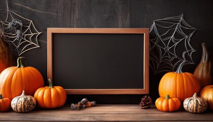 Spooky Halloween Mood Empty Blackboard Rustic Farmhouse Sign Set against a Chilling Horizon in a Hollowedout Frame Mockup, Perfect for Autumnal Art and Design Inspiration