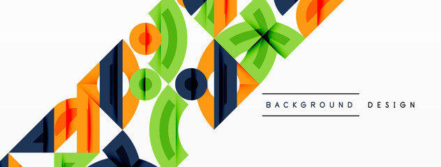 Abstract geometric background with shapes, featuring circular and rounded elements. Bold contrast, smooth gradients, dynamic composition, futuristic style