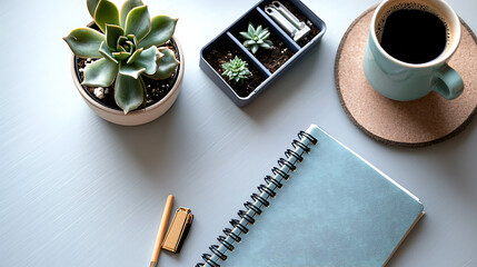 A blue notebook sits on a table with a cup of coffee and a pen. generated using AI