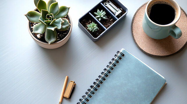 A blue notebook sits on a table with a cup of coffee and a pen. generated using AI