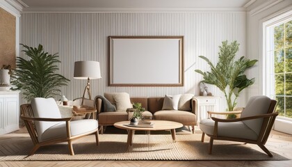 Hampton Style Living Room Interior with 3D Render A Serene and Charming Oasis in a Classic Coastal Home Decor, Featuring Warm Wood Accents, Neutral Tones, and Timeless Architectural Elements.