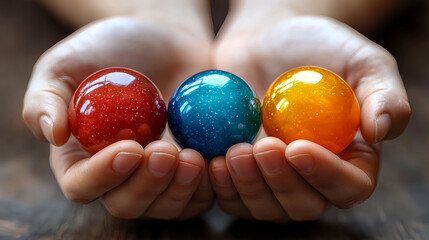 Colorful glass orbs held in hands showcasing vibrant hues