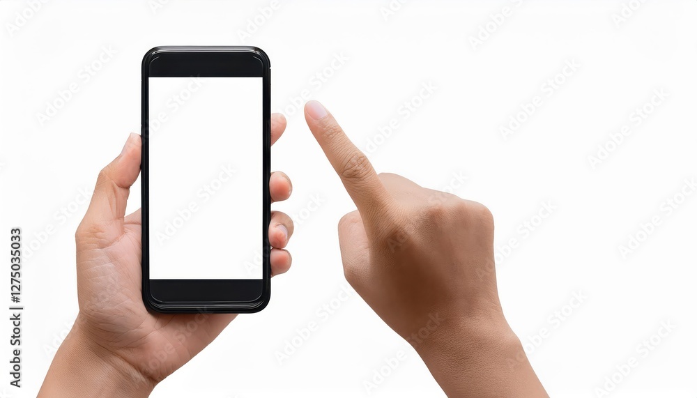 Poster interactive digital art closeup of a hand pointing at an empty smartphone screen on a transparent ba