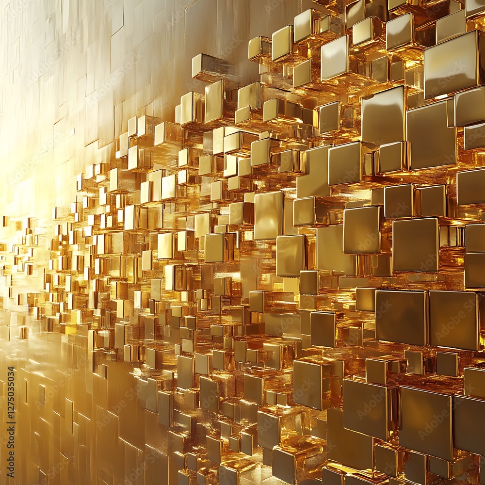 Poster a stunning abstract background of golden cubes reflecting light, creating a luxurious and modern app