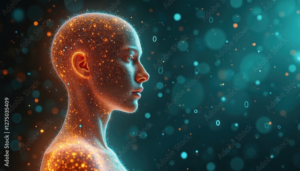 Poster side view of digital woman with glowing dots, data particles on dark background. ai concept of futur