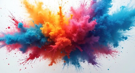 Fototapeta premium Generative AI illustration of colorful cloud of paint. Abstract multi colored ink explosion on white background. Blue, yellow, purple mix in vibrant splashes creating dynamic rainbow texture.