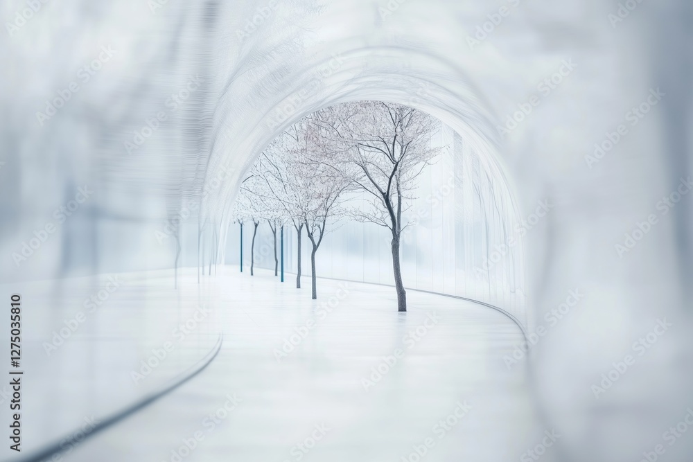 Poster a serene, ethereal scene featuring a pathway lined with bare trees, enveloped in a translucent, mist