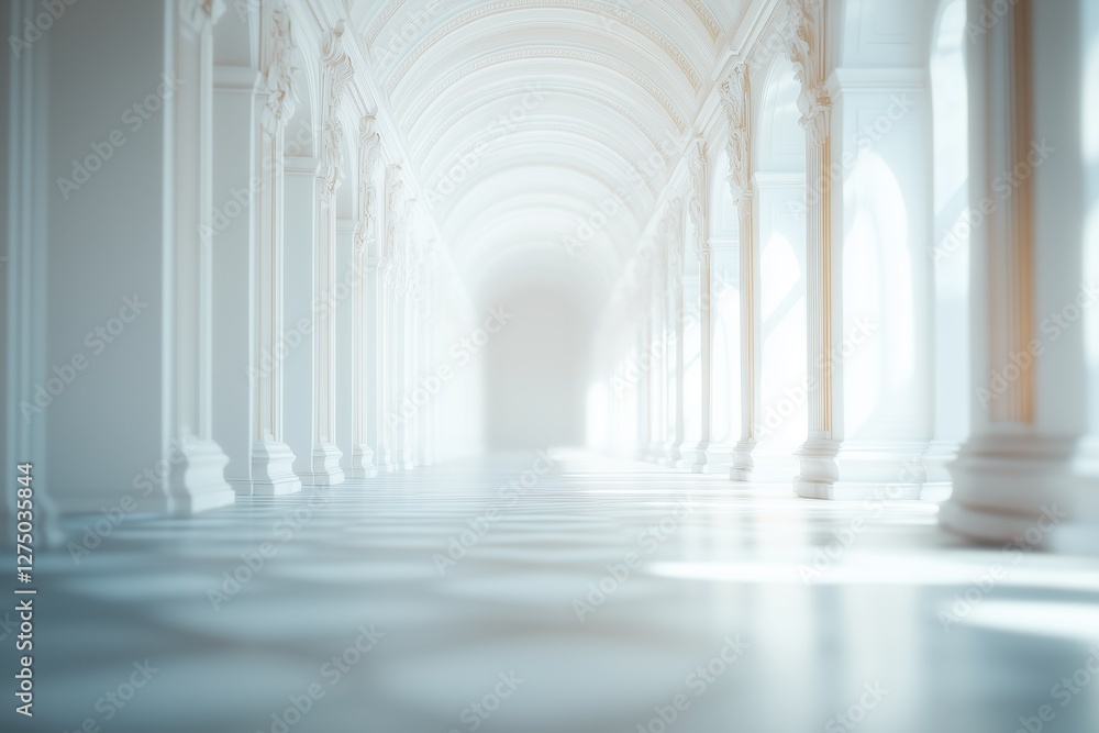 Poster a serene, empty corridor with tall white columns and soft lighting, creating a tranquil atmosphere. 