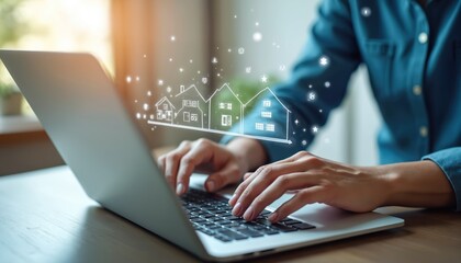 Person uses laptop to compare house offers online. Digital illustration of property value and real estate concept. Home buying, mortgage, investment, market research and price comparison.
