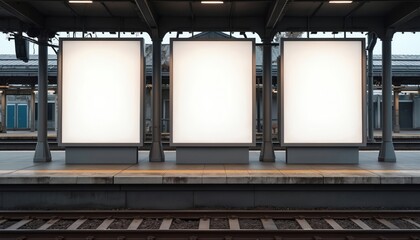 Three portrait empty billboards at train station platform. Advertising placeholders, mockup of blank white poster, copy space for advertisement banner, commercial information, marketing business