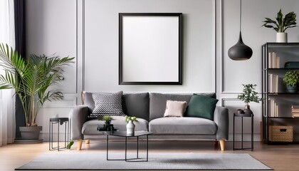 Elegant Modern Living Space with Vertical Black Frame, Enhancing Minimalist Design and Embracing Chic Ambiance