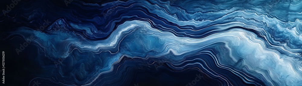 Poster a stunning abstract image featuring flowing shades of deep blue and swirling textures, creating a me