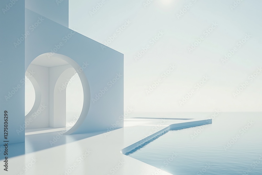 Poster a minimalist architectural scene featuring a white structure with circular openings, reflecting in c