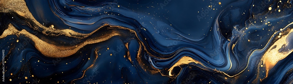 Poster a stunning abstract image showcasing fluid waves of deep blue and shimmering gold, creating a sense 