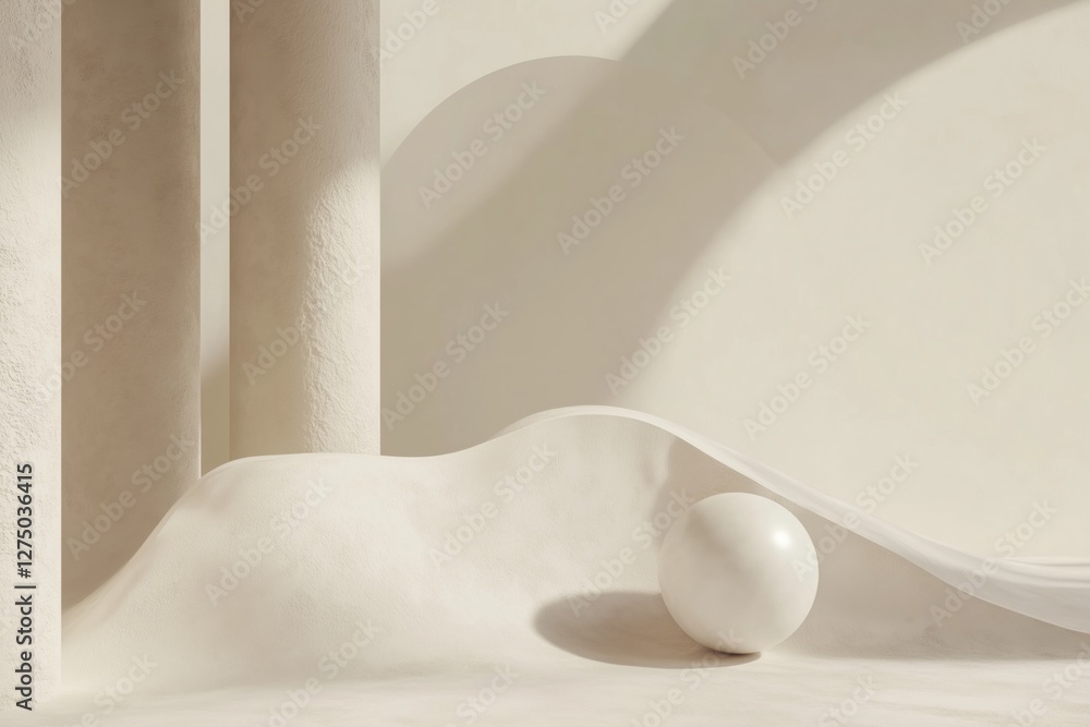 Poster a minimalist composition featuring smooth, curved surfaces in soft beige tones, with a white sphere 