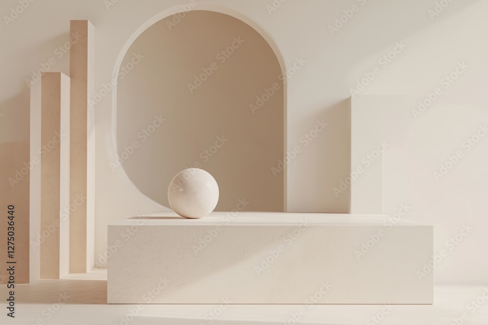 Poster a minimalist interior scene featuring soft, neutral tones. it includes geometric shapes like a large