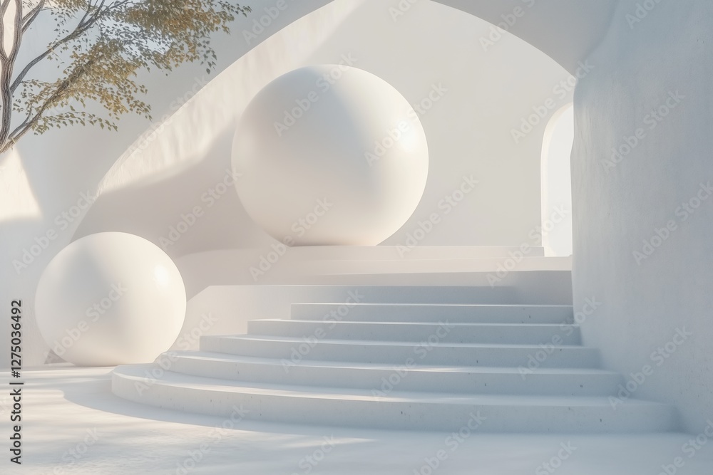 Poster a serene, minimalist architectural space featuring large white spheres and smooth, curved surfaces. 