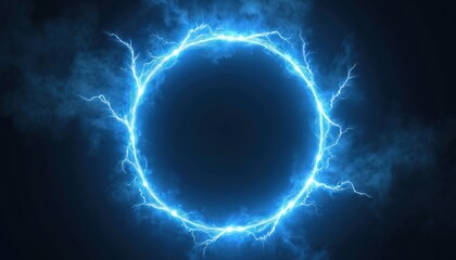 Glowing electric blue lightning round frame. Plasma portal isolated on black background. Light, power, energy circle effect. Magic lightning flash spark illustration.