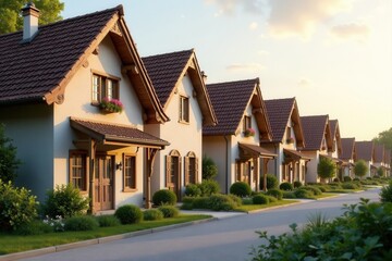 Row of charming houses with brown roofs and manicured lawns at sunset