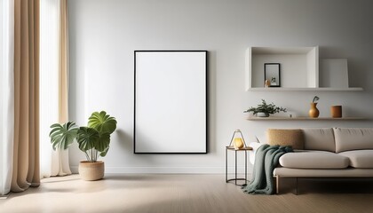 Elegant Home Interior Poster Mockup in Pure White Against a Cozy Modern Living Space, Framed Artwork Showcasing Vintage Chic and Warm Minimalism.