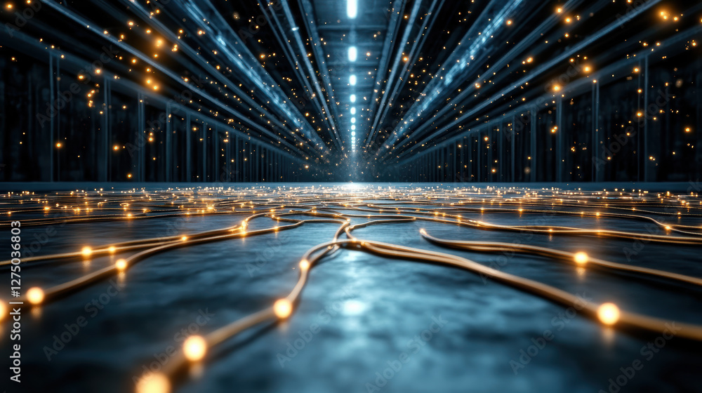 Poster mesmerizing scene of glowing wires and beams of light creating futuristic atmosphere